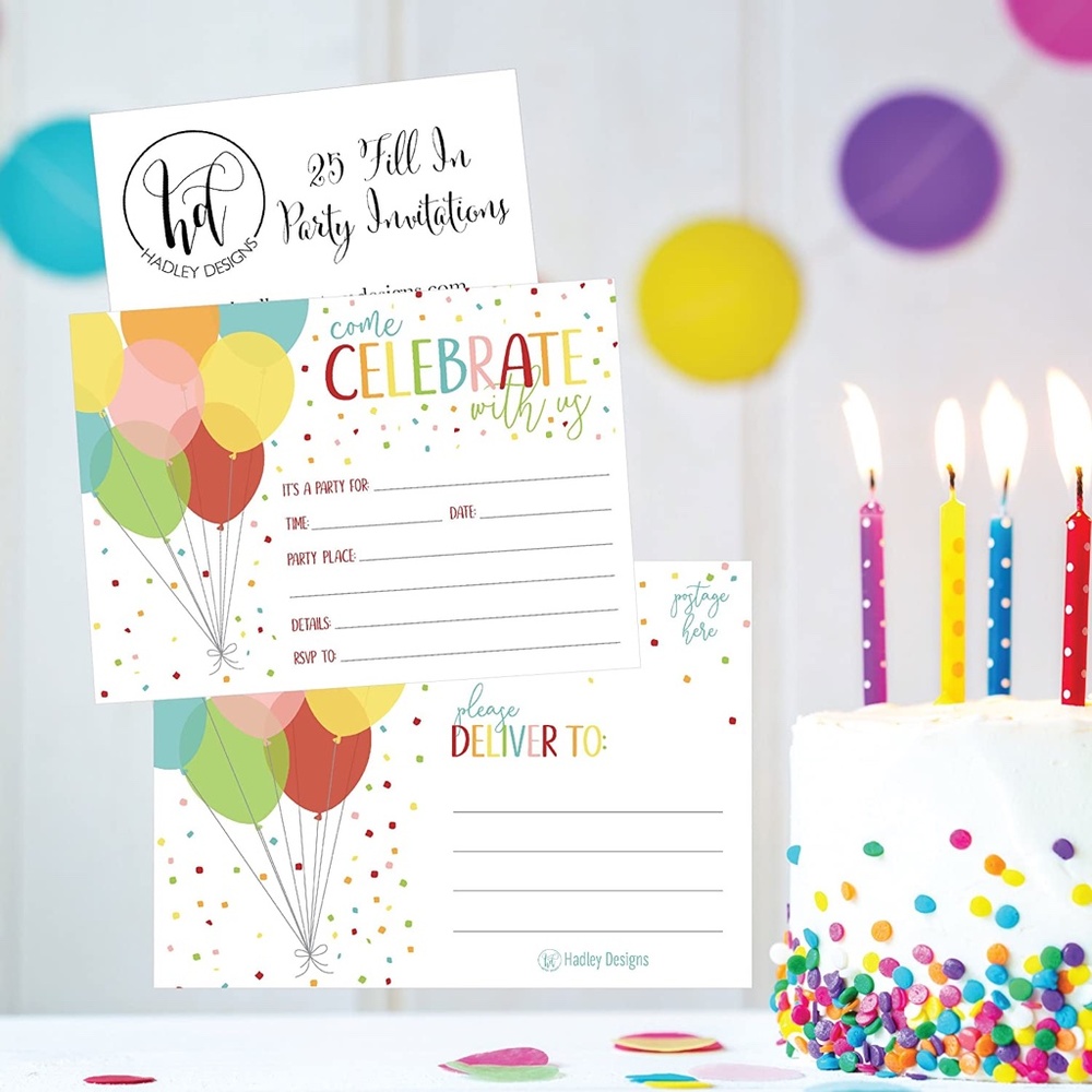 Hadley Designs 25 Rainbow Balloons Celebrate Party Invitations Blank Fill In